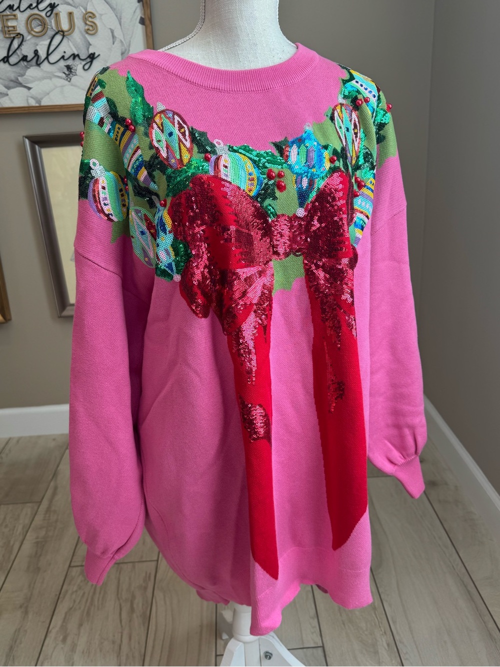New! QUEEN OF SPARKLES Pink Sequin Wreath Around Neck Holiday Sweater Dress